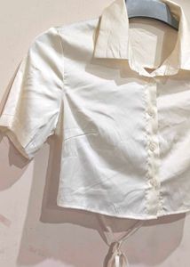Cream Satin Cropped Button-Up Shirt
