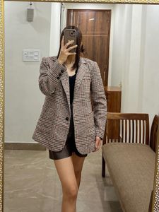 BROWN PLAID SINGLE BREASTED BLAZER