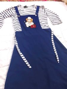 Cute Blue Pinafore Dress with Teddy Bear Print