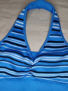 Blue Striped Halter Neck Sports Bra Non Padded