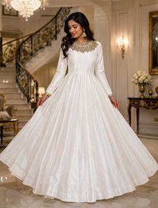 Elegant White Anarkali Gown with Gold Embroidery