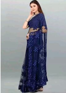 Blue New Net Saree with Blouse पीस Attached