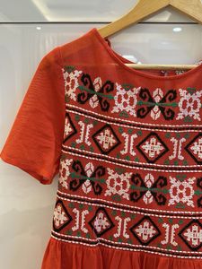 Orange Embroidered Flare Dress