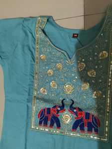 Turquoise Kurta with Elephant Embroidery