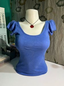 Blue Puff Sleeve Scoop Neck Top