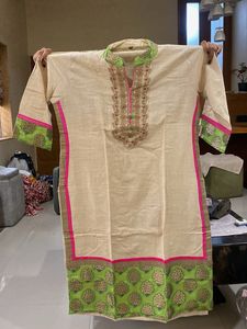 Elegant Beige Kurta with Green & Pink Border