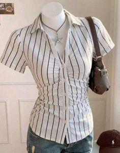 Y2K Vibe Alert: Trendy Striped White Body-Fit Shir