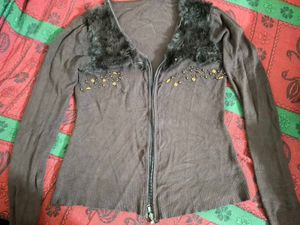 Stylish Brown Zipper Sweater with Fur
