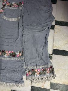 Embroidered Grey Kurta with Pants Set