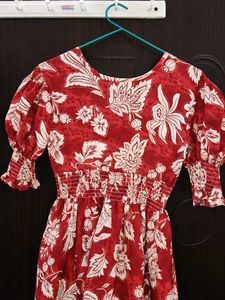 Red Floral Maxi Dress with Puff Sleeves