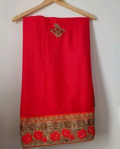 Beautiful Embroidered Red Saree with Orange Blouse
