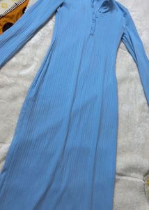 Blue Ribbed Knit Maxi Dress