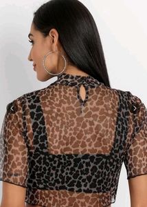 Sheer Leopard Print Mock Neck Top