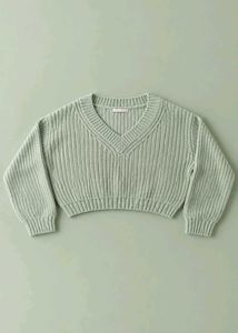 SAGE GREEN RIBBED V-NECK CROPPED SWEATER