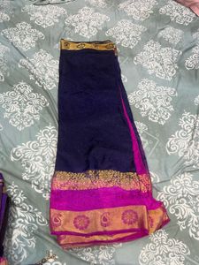 Elegant Navy Blue Saree with Pink Border