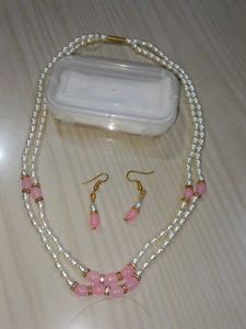 Elegant Pearl &amp; Pink Bead Necklace Set