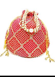 Red Potli Bag with Pearls & Beads
