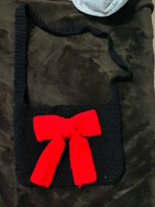 Handmade Crochet Black Crossbody Bag with Red Bow