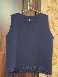 Navy Blue Sleeveless Lace Trim Top
