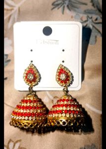 Red &amp; Gold Jhumka Earrings