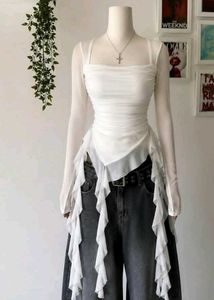 fairy core y2k Sheer White Ruffle  Dress