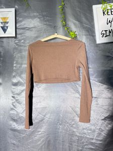 SHEIN Brown Ribbed Cut-Out Long Sleeve Top