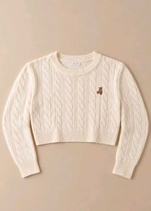 IVORY CABLE-KNIT TEDDY EMBROIDERY SWEATER
