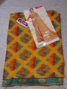 Vibrant Yellow Saree with Geometric Print