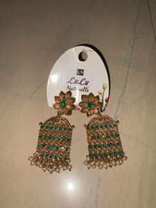 Antique Gold Green Stone Pearl Jhumka Earrings