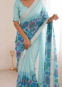 Light Blue Saree with Circle Print