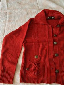 Red Button-Up Cardigan with Bow Pockets