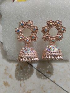 Rose Gold Jhumka Earrings with Crystals