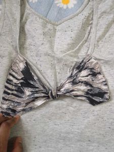 Grey Crop Top with Bow Detail