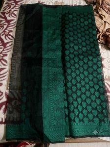 Black and teal green woven saree