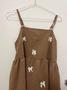 Cute Brown Textured Dress with Bows
