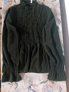 Dark Green Smocked Neck Top