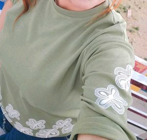 Olive Green Top with Floral Detail
