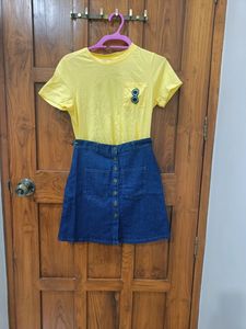 Sale !!!! Super Cute Combo Of Yellow Tee With Denim Mini Skirt