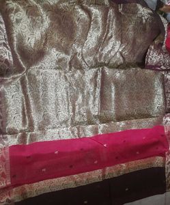 Elegant Gold &amp; Red &amp; Brown Cotton  Benarasi Sari