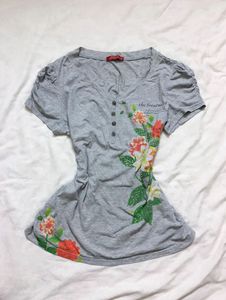 Gray Floral Print Henley Top