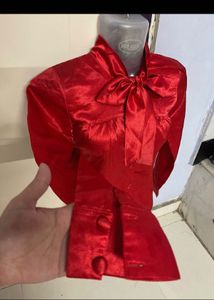 Elegant Red Satin Bow Blouse
