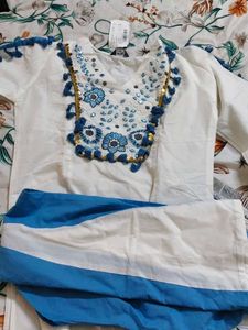 White Kurta Set with Blue Embroidery