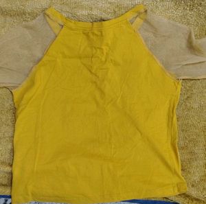 Mustard Graphic Tee with Sheer Mesh Sleeves
