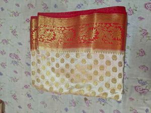 Elegant Cream &amp; Red Silk Saree