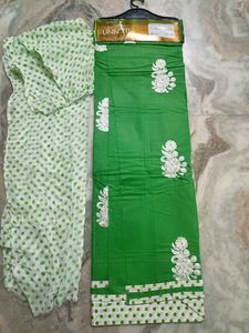 Green and White Unstitched kurta set