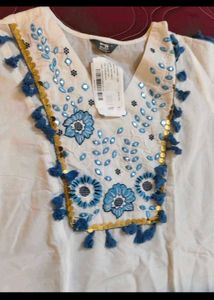 White Kurta Set with Blue Embroidery