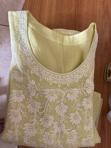 Light  lemon Yellow Kurta with White Embroidery