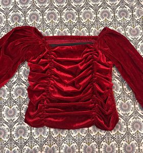 Red Velvet Ruched Square Neck Top