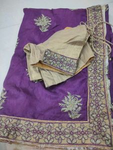 Purple cream Saree with Gold Embroidery