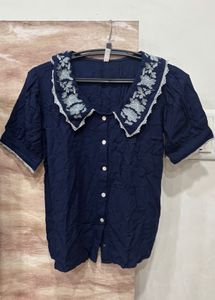 Embroidered Peter Pan Collar Navy Top